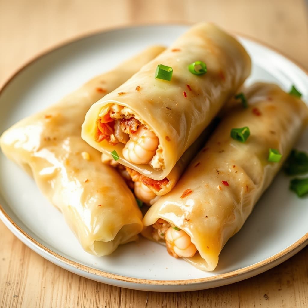 Svinekjøtt, reker og kål-eggwraps