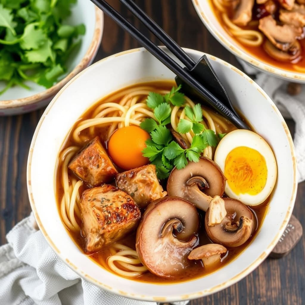 Svinekjøtt, søtpotet og shiitake-sopp ramen