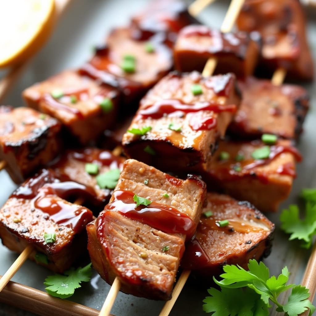 Svinekjøttspyd med glasur av melasse og sennep