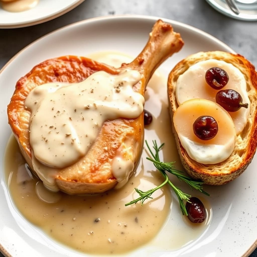 Svinekotletter i kremet sjampanjesaus og rosinbrød med mascarpone og pærer