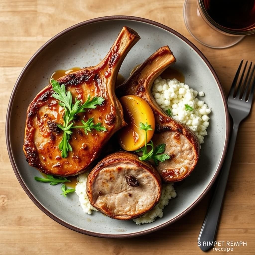 Svinekotletter med karamelliserte epler og ruccola