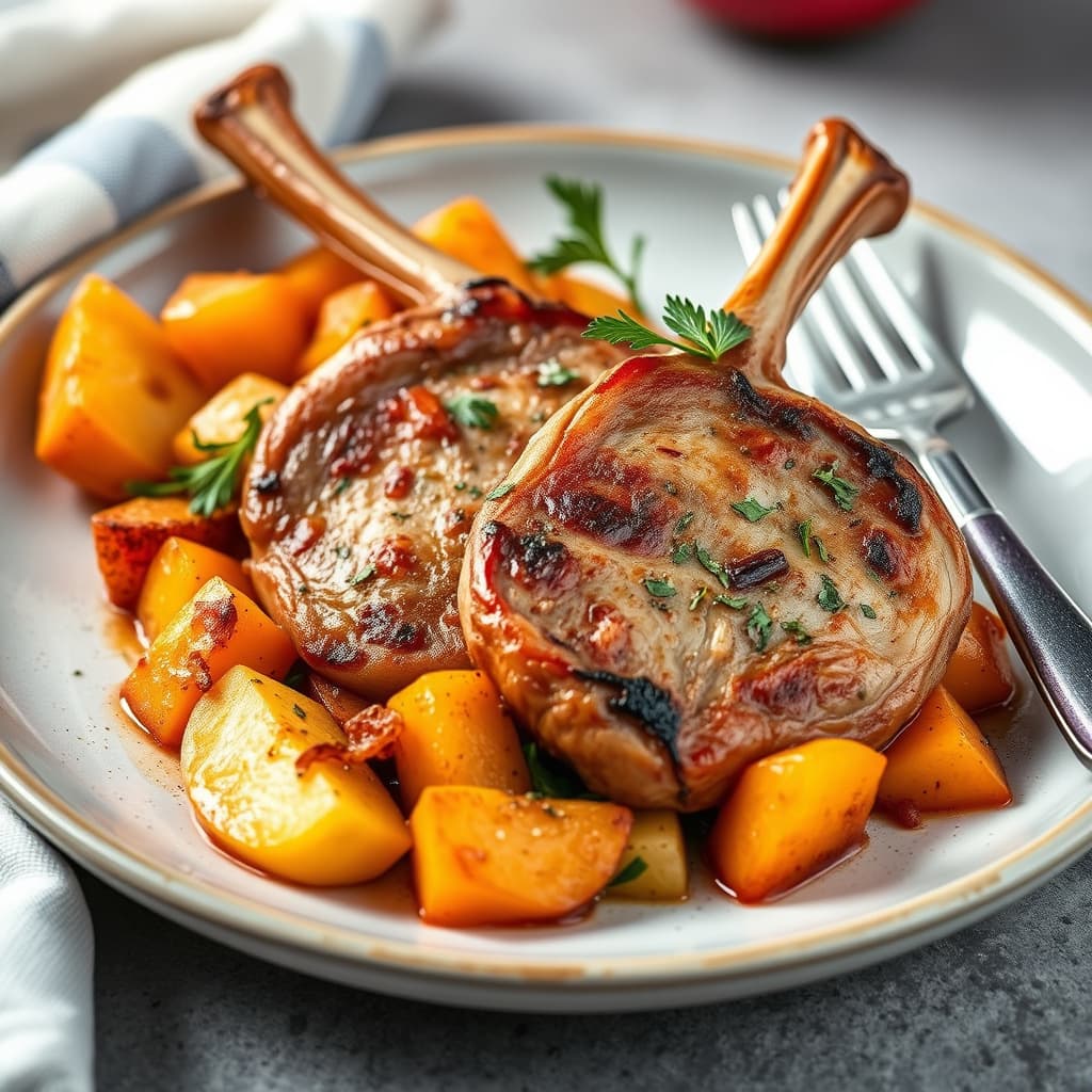 Svinekotletter med krydrede søtpoteter og epler