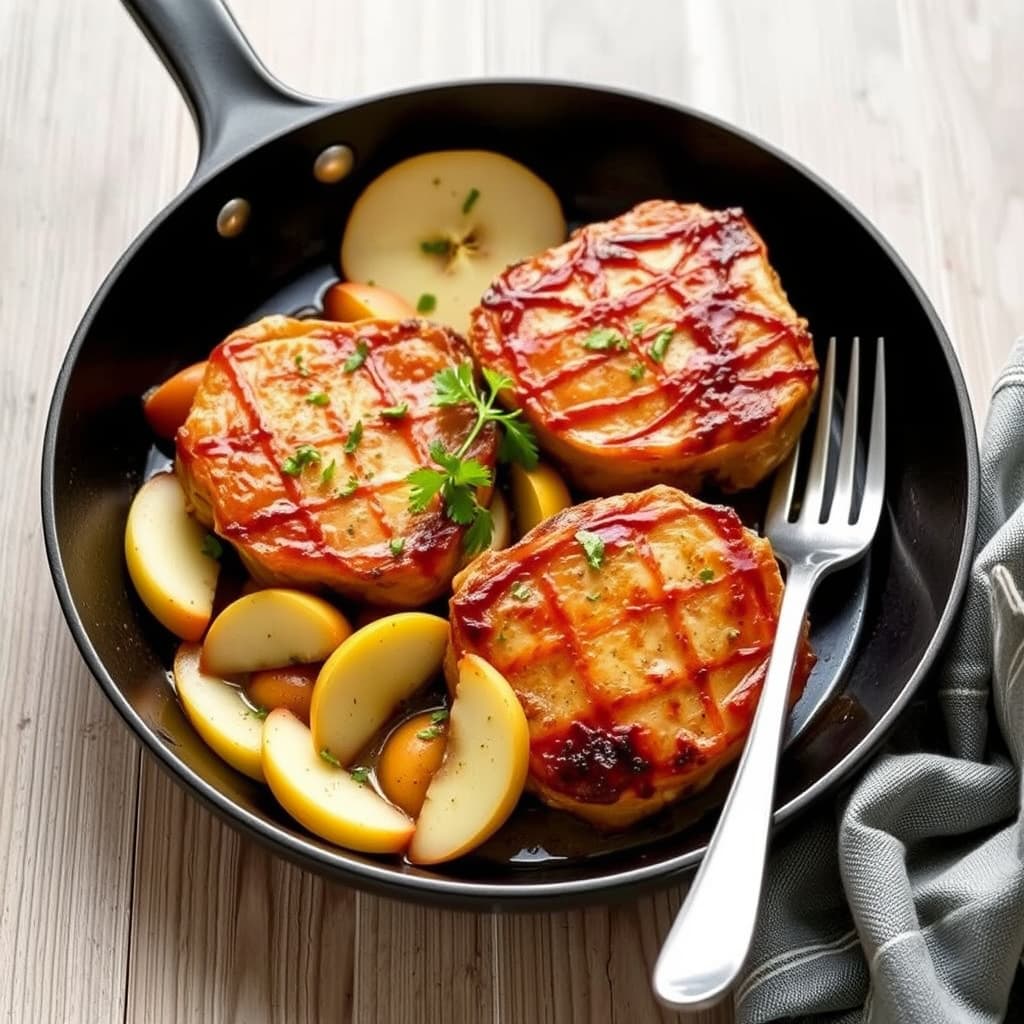 Svinekotletter og eple på stekeplate-middag