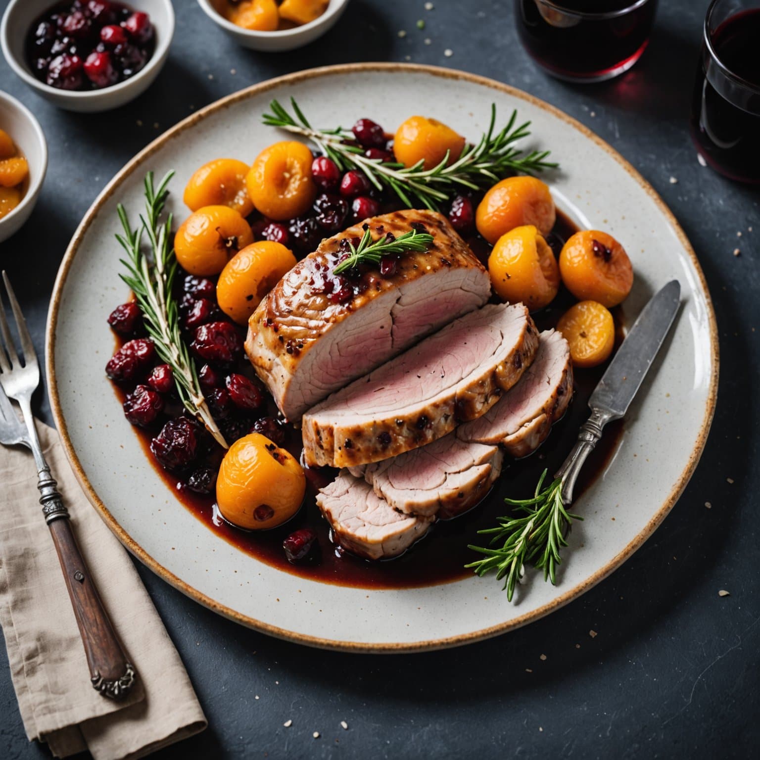 Svinerull fylt med rosmarinduftende svinenakke, ovnsbakt hvitløk, tørkede aprikoser og tranebær, servert med portvinsaus i pannen