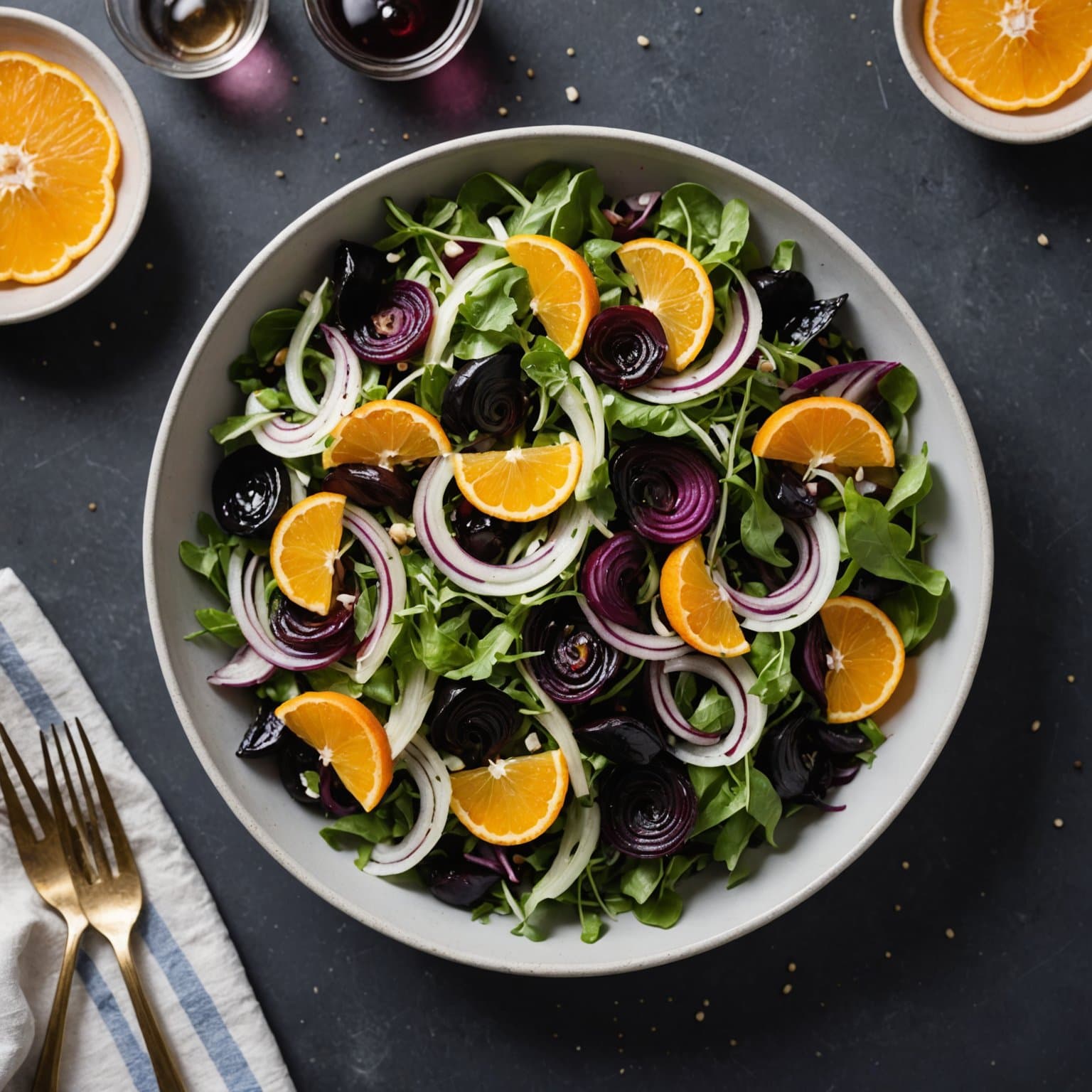 Sviske-, appelsin-, fennikel- og rødløksalat med blandet grønt