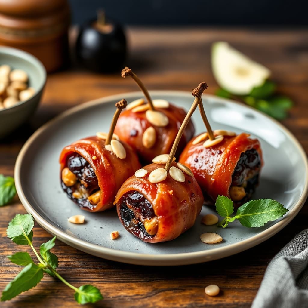 Svisker fylt med mandler og innpakket i bacon