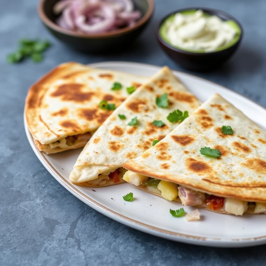 Syltede løk og Monterey Jack-quesadillas