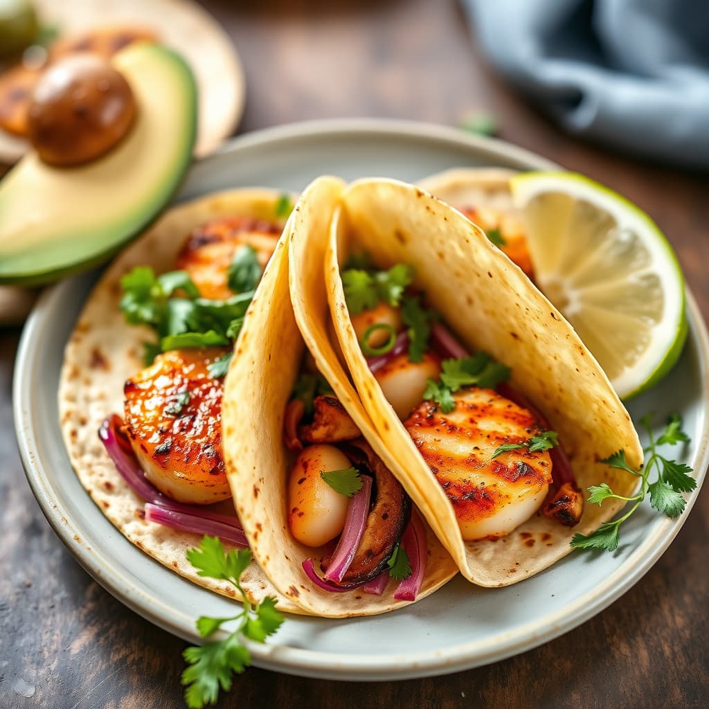 Tacos med kamskjell stekt i spisskummen