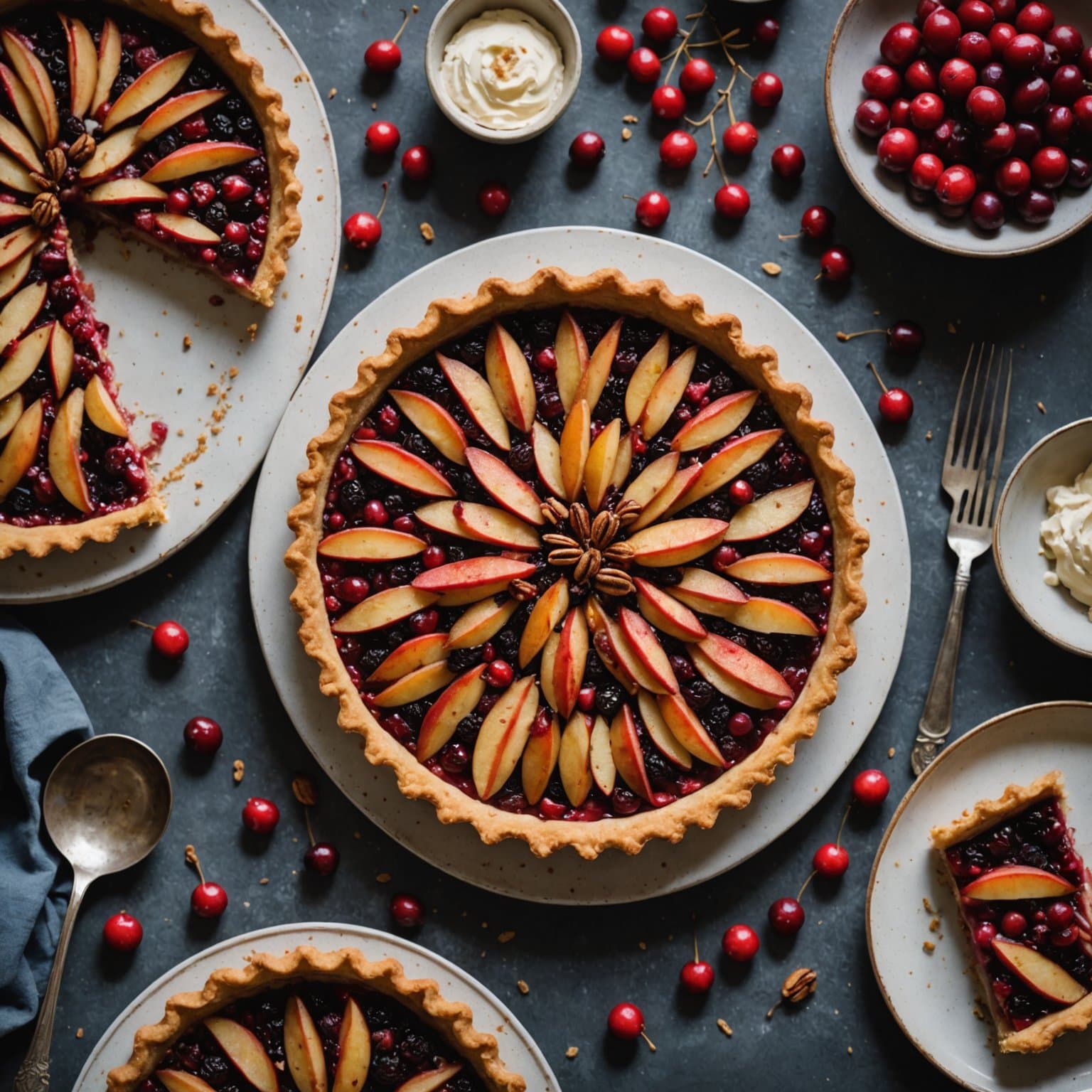 Tærte med tranebær og pære, toppet med streusel