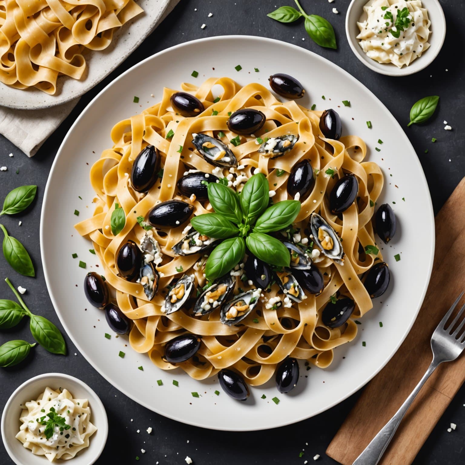 Tagliatelle med spottede sardiner, aubergine og hjemmelaget ricotta salata