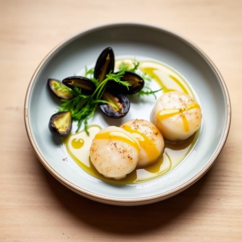 Taylor Bay-kamskjell med uni og sennepsolje