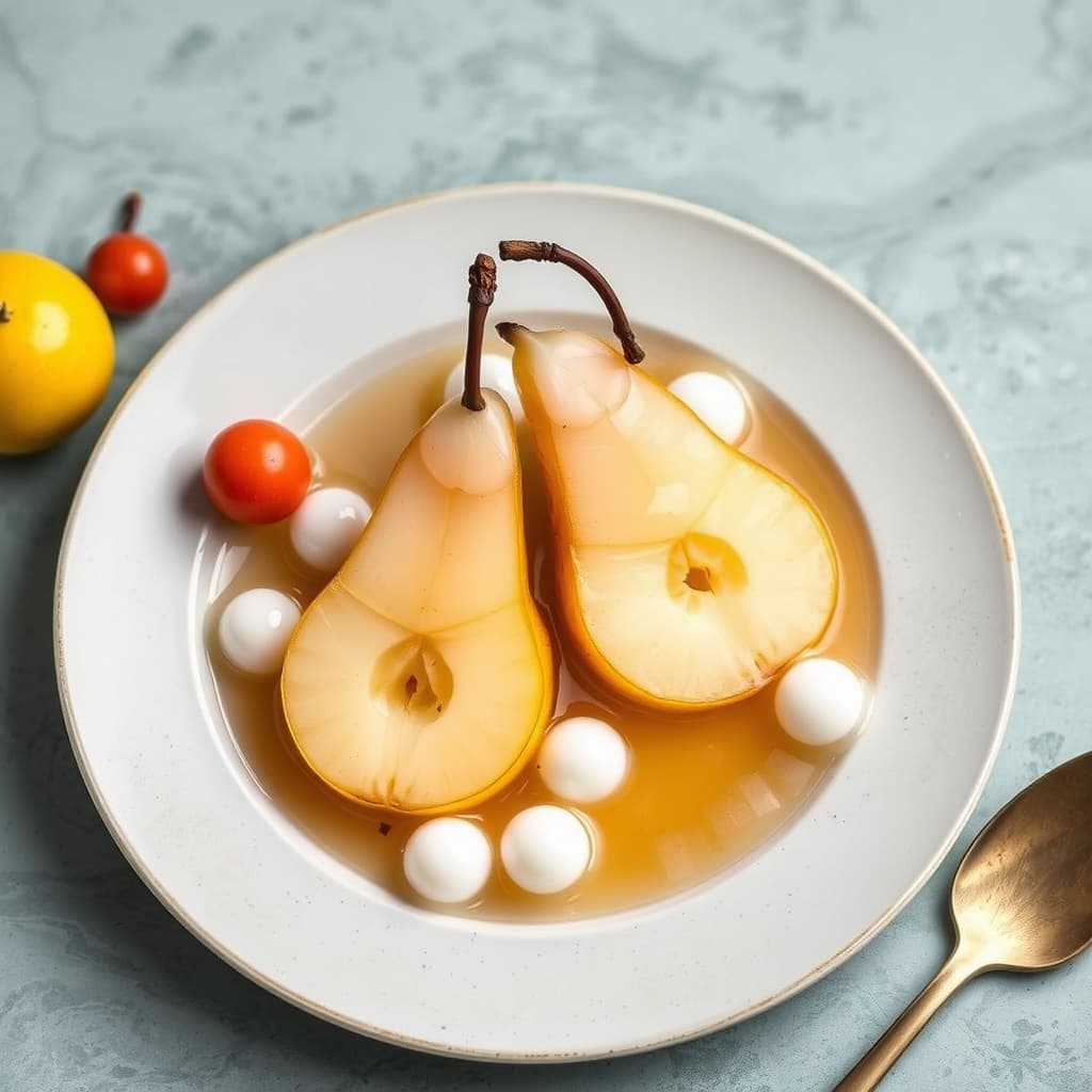 Te-kyllende pærer med tapiokaperler og satsumas