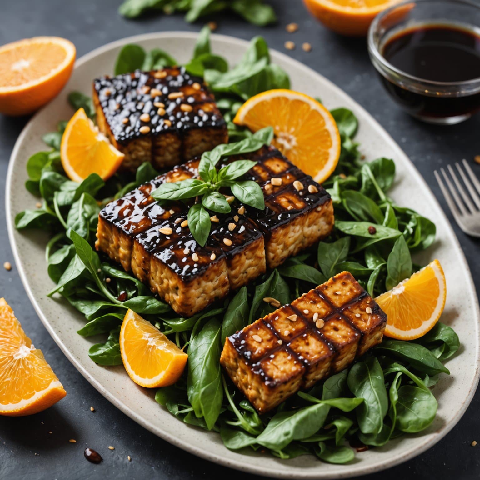 Tempeh med appelsin- og balsamico-glasur på grønnsaker