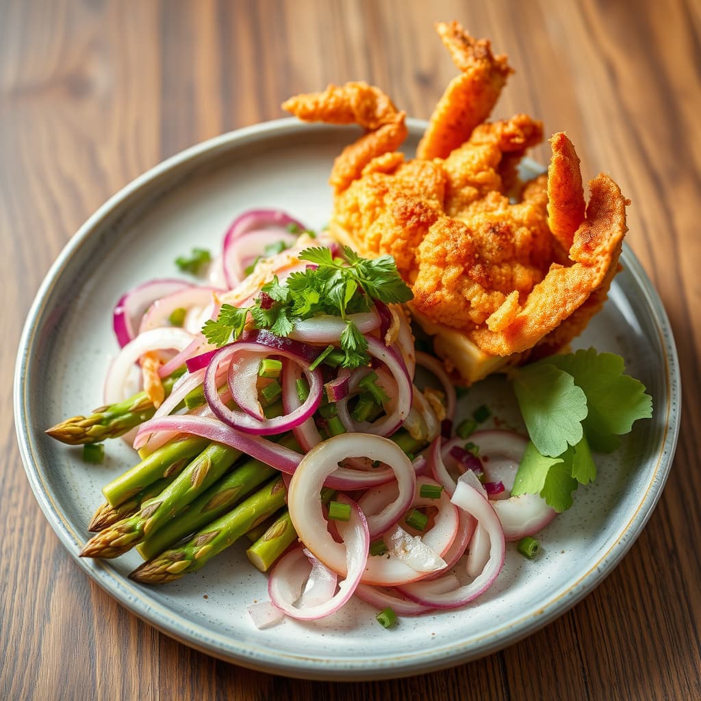Tempura av mykskjellkrabbe og asparges med yuzu-Maui løksalat