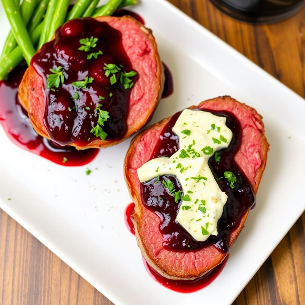 Tenderloinbiffer med tranebær-portvinssaus og Gorgonzolaskrø