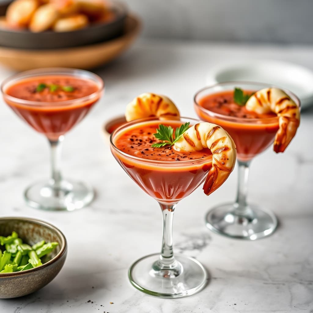 Tequila-inneholdende gazpacho-cocktailer med grillede reker