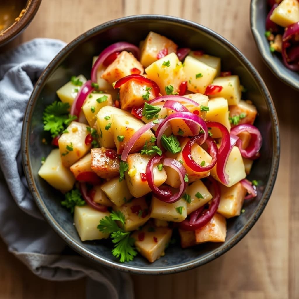 Texas-stil potetsalat med sennep og sylte rødløk
