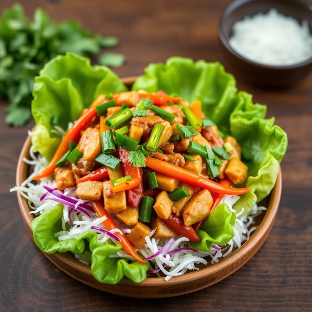 Thai grønn chili-stir-fry på seng av strimlet salat