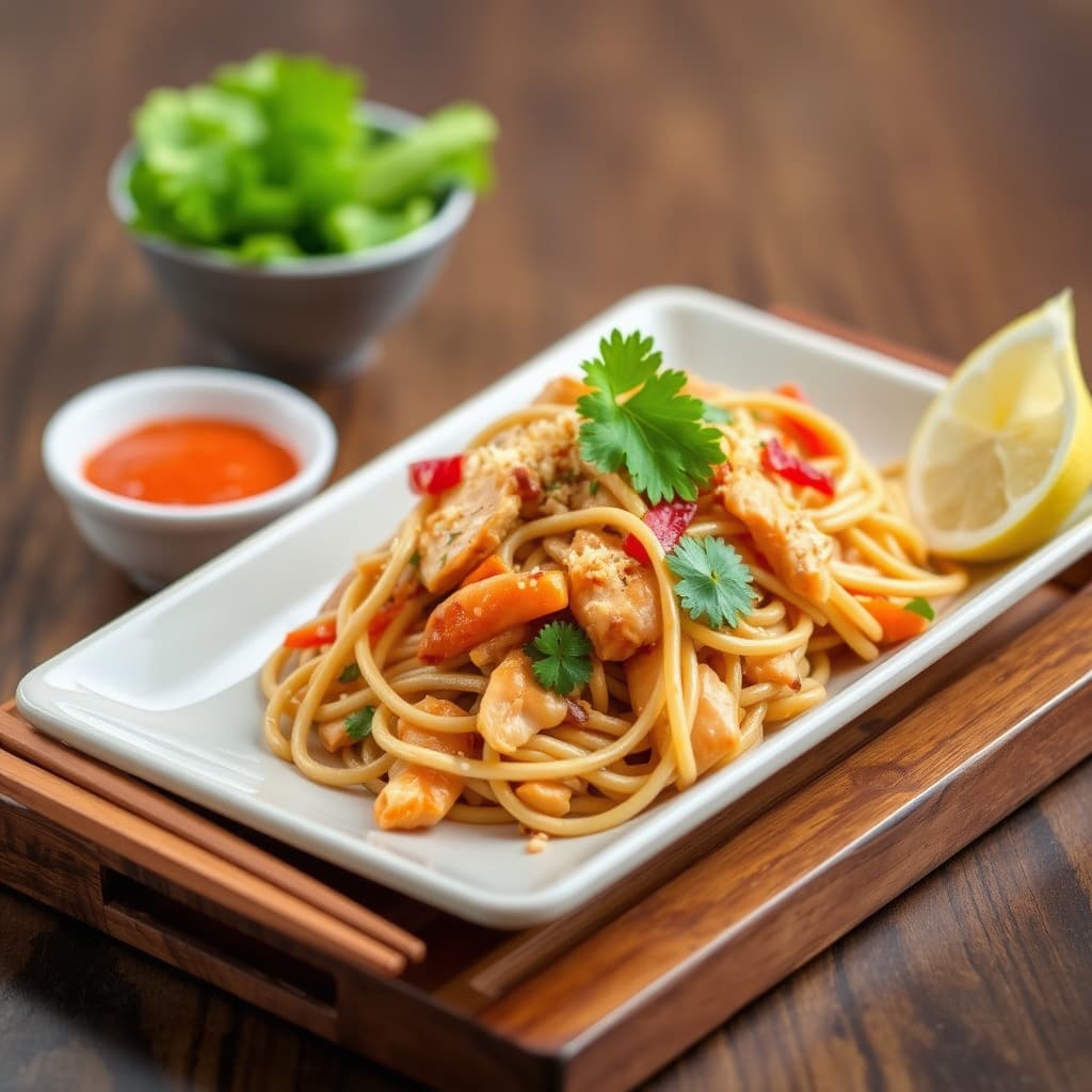 Thailandsk sted: Pad Thai med kylling, sterkt thai.