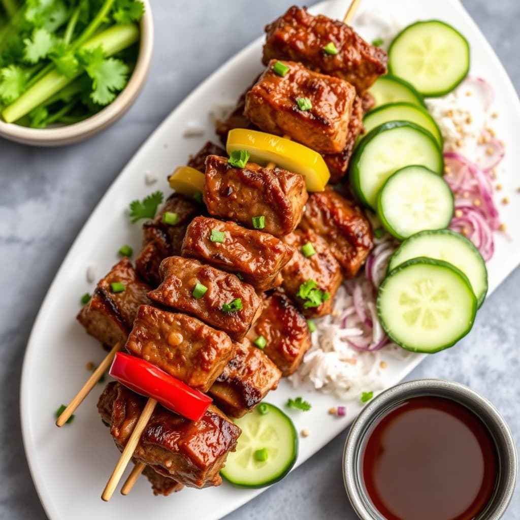 Thailandske biffspyd med sylteagurk