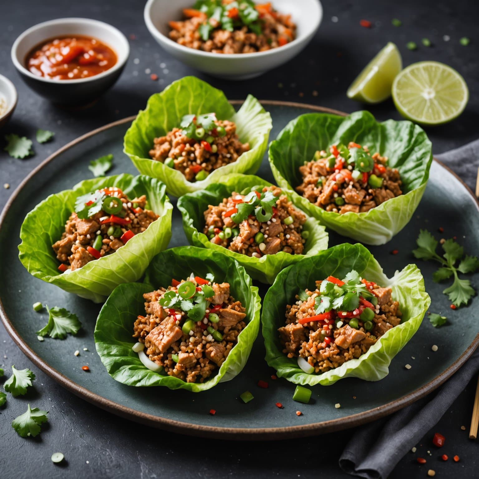 Thailandske krydrede tunfiskwraps i salatblad