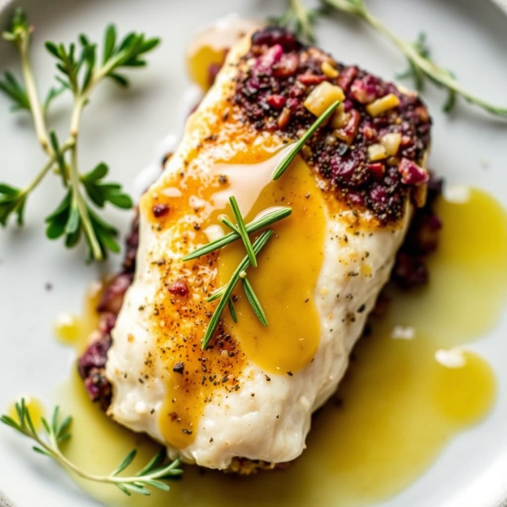 Tilapia med lilla potetkrust og gressløk-rosmarinolje