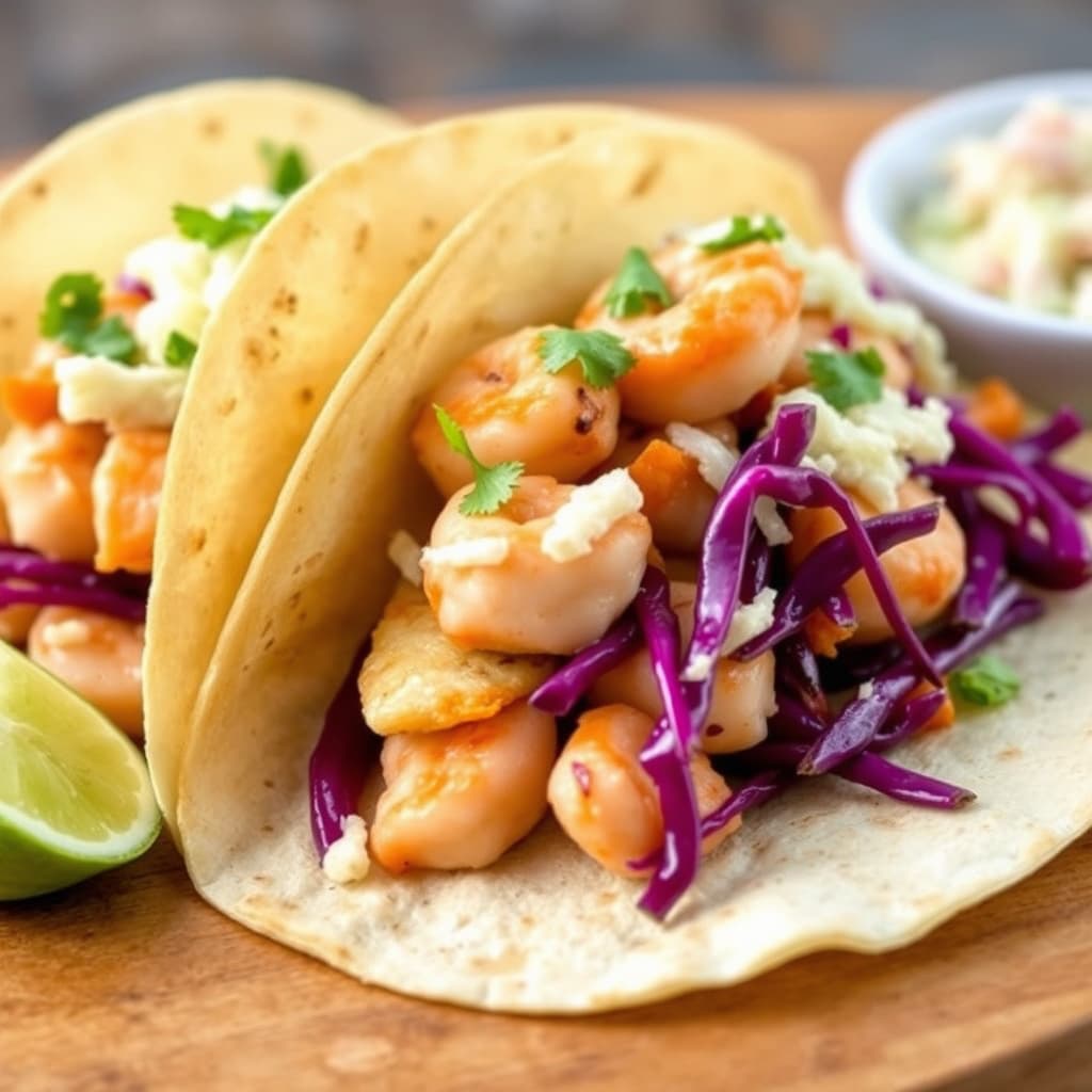 Tilapia- og reketacos med kål- og kålsalat