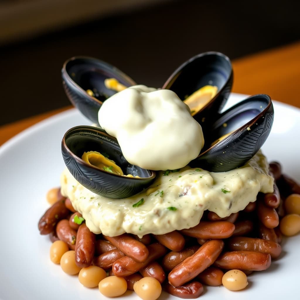 Tomales Bay-musslinger oppå store bønner, pyntet med en klatt hvitløksmajones
