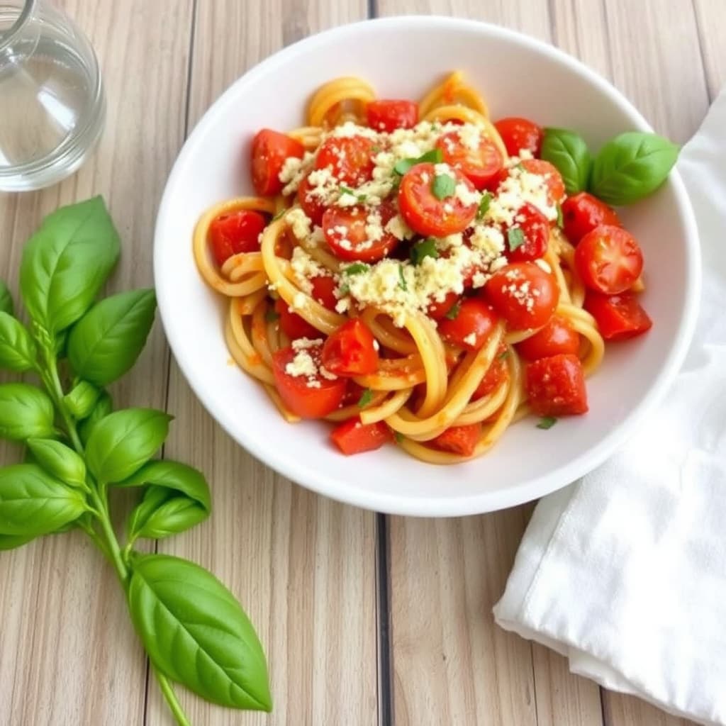 Tomat, basilikum og ost bakt pasta