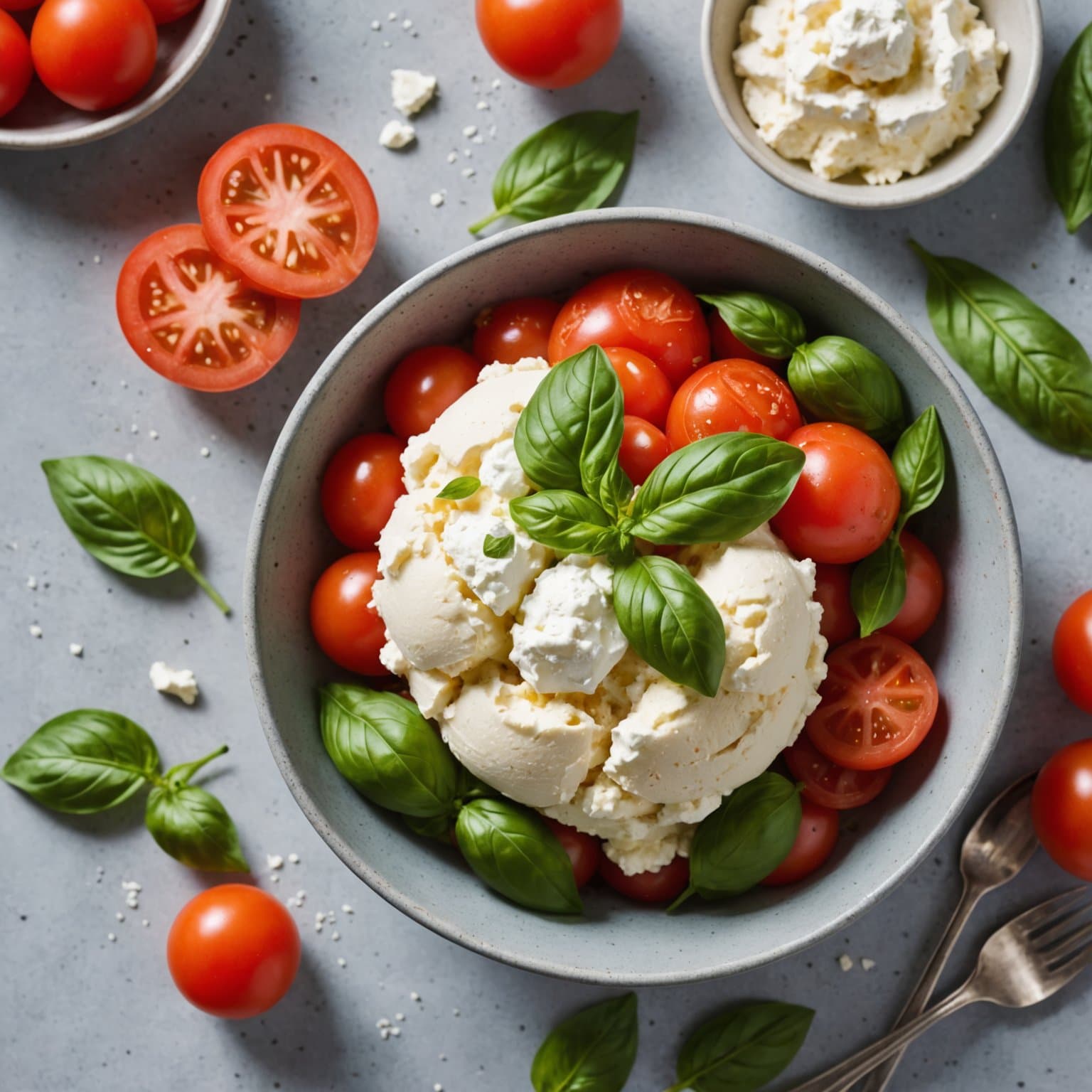 Tomat, basilikum og ricotta-geleer