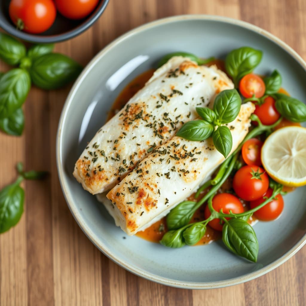 Tomat og basilikum-flunder