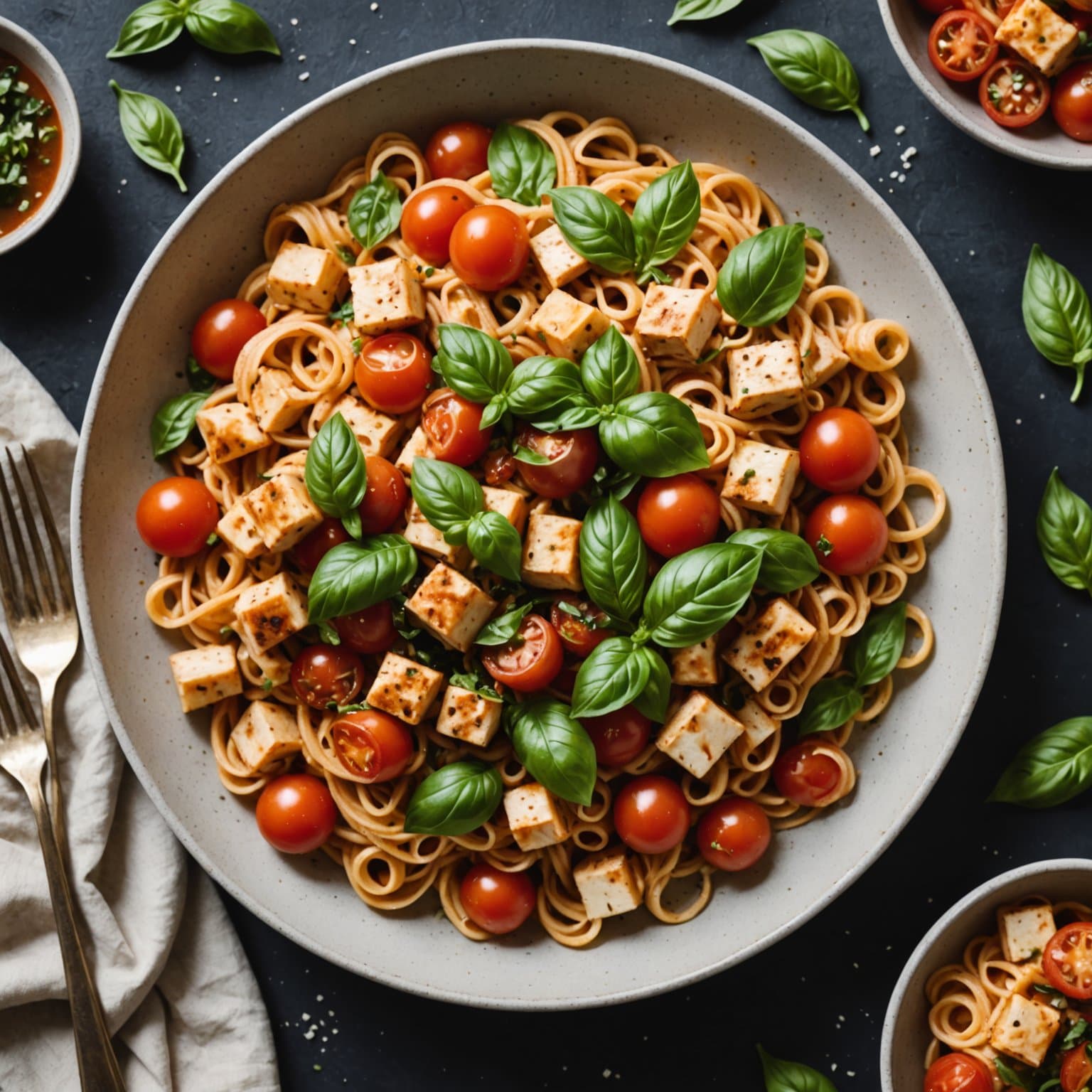 Tomat- og tofupasta med basilikum