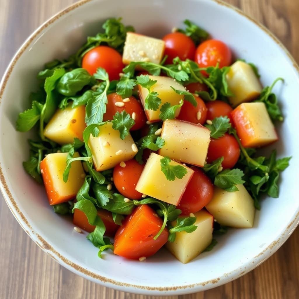 Tomat-, potet- og sennepsgrønnsakssalat