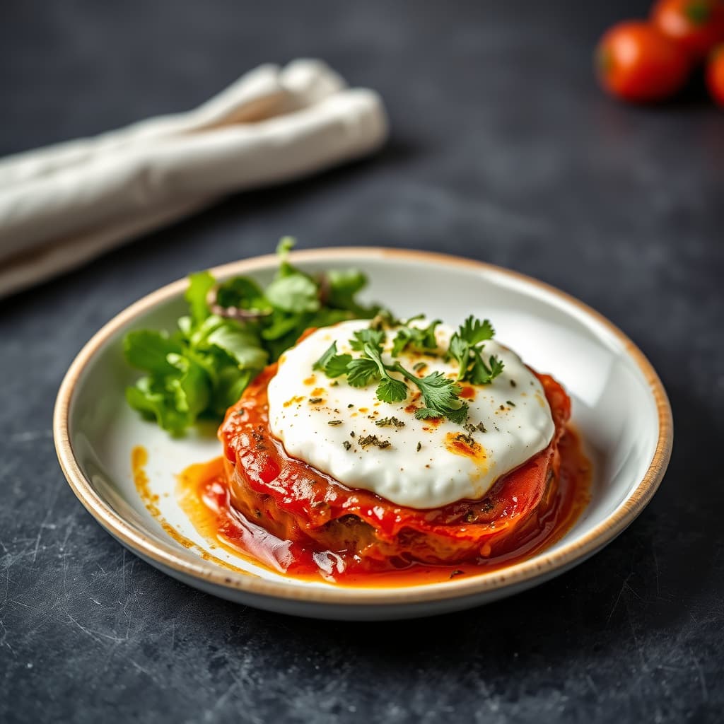 Tomatbiff med bakt geitost og urte-salat