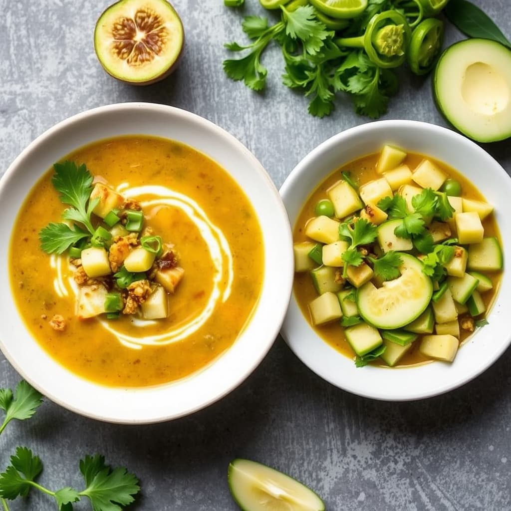 Tomatillogryte og tamarindssuppe med chayotesalat