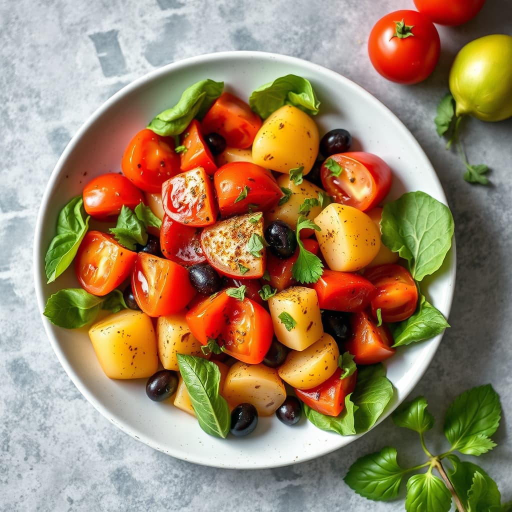 Tomats- og potetsalat med olivenvinaigrette