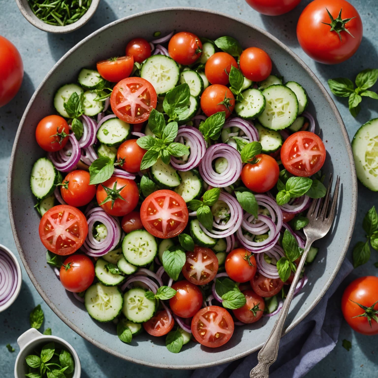 Tomatsalat med agurk og rødløk, servert med mynte