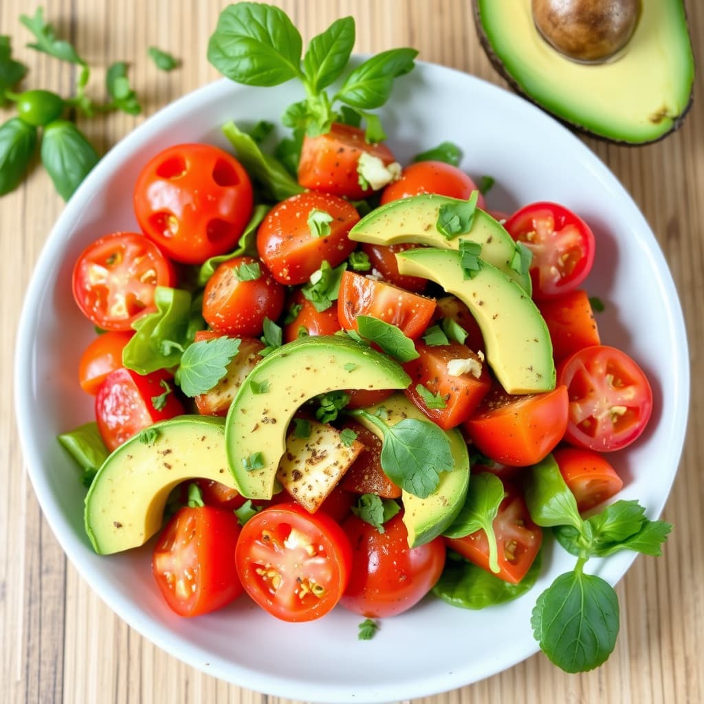 Tomatsalat med avokado og en lime-ristet spisskummen-koriander vinaigrette