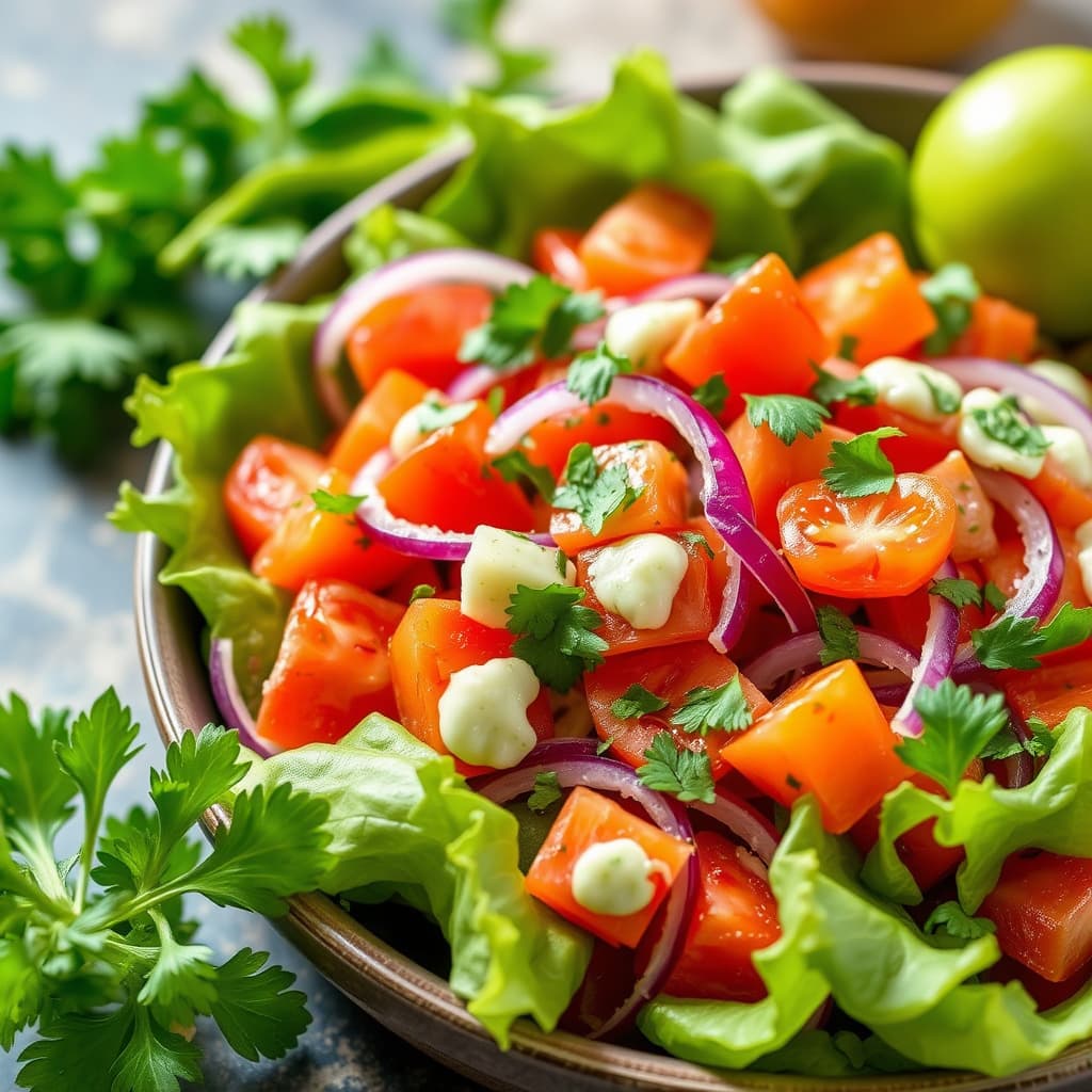 Tomatsalat med rødløk og lime-korianderdressing