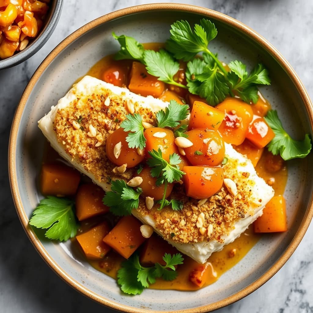 Torsk med mandelpanering og aprikoschutney