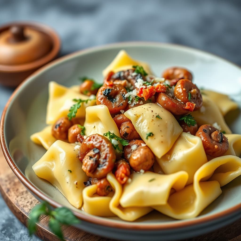 Tortellini med italiensk pølse, fennikel og sopp