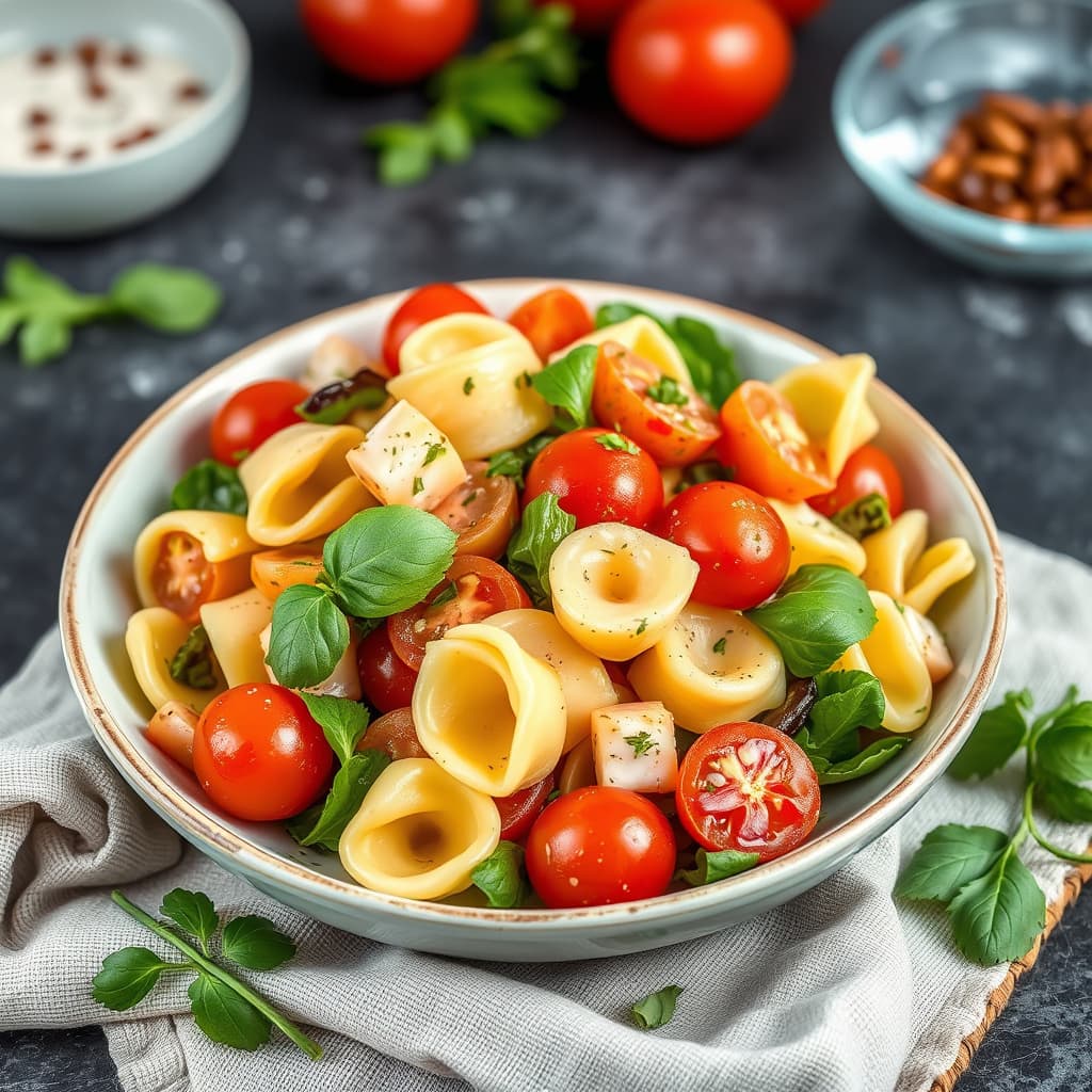 Tortellinisalat med fersk urtevinaigrette og tomat