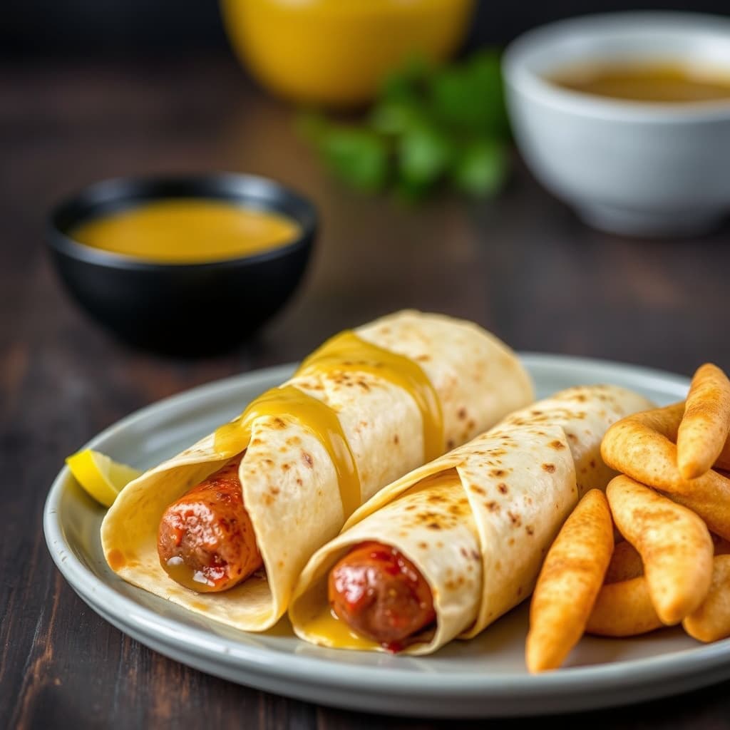 Tortillalommet bratwurst med sennepssaus