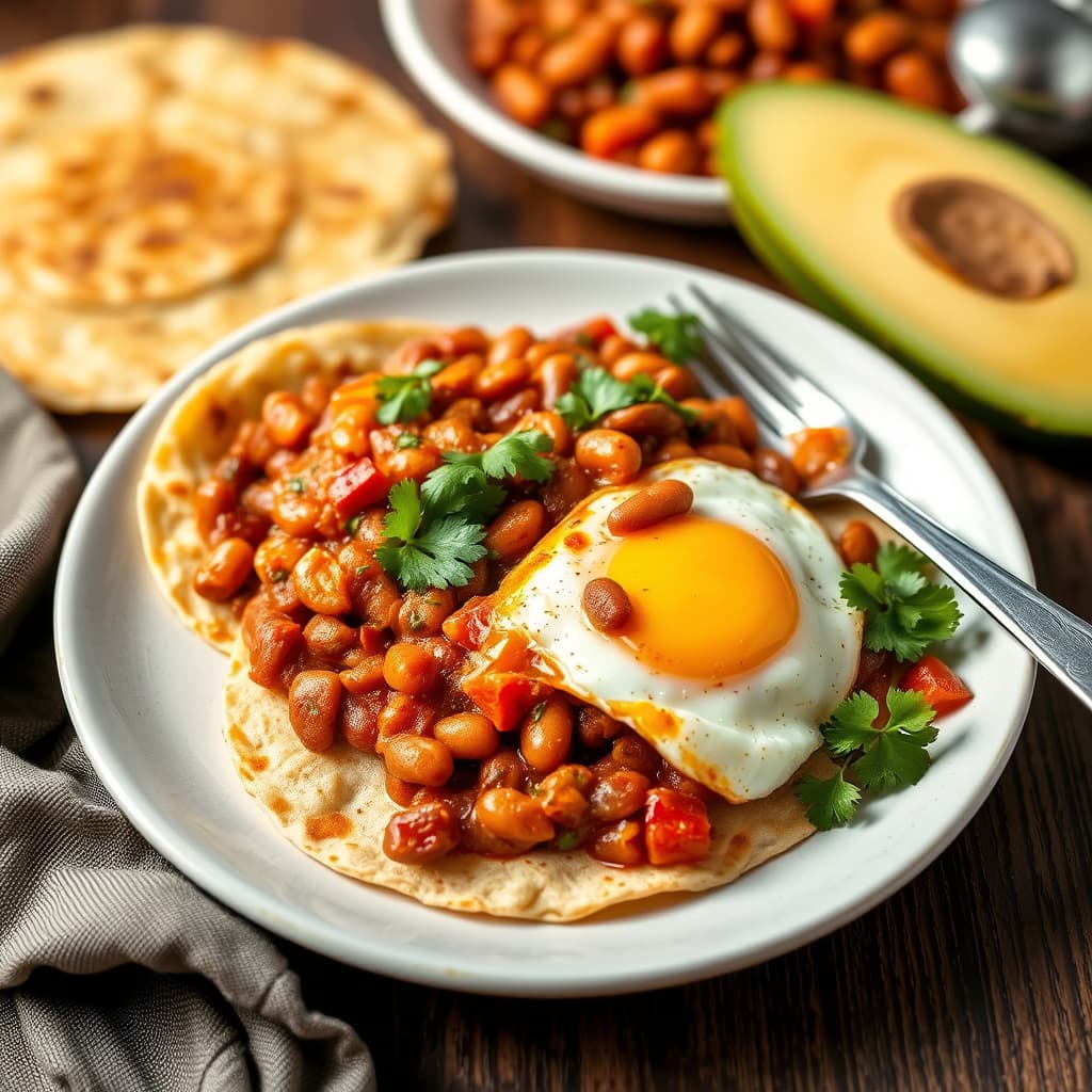Tortillas med egg og krydret bønnechili