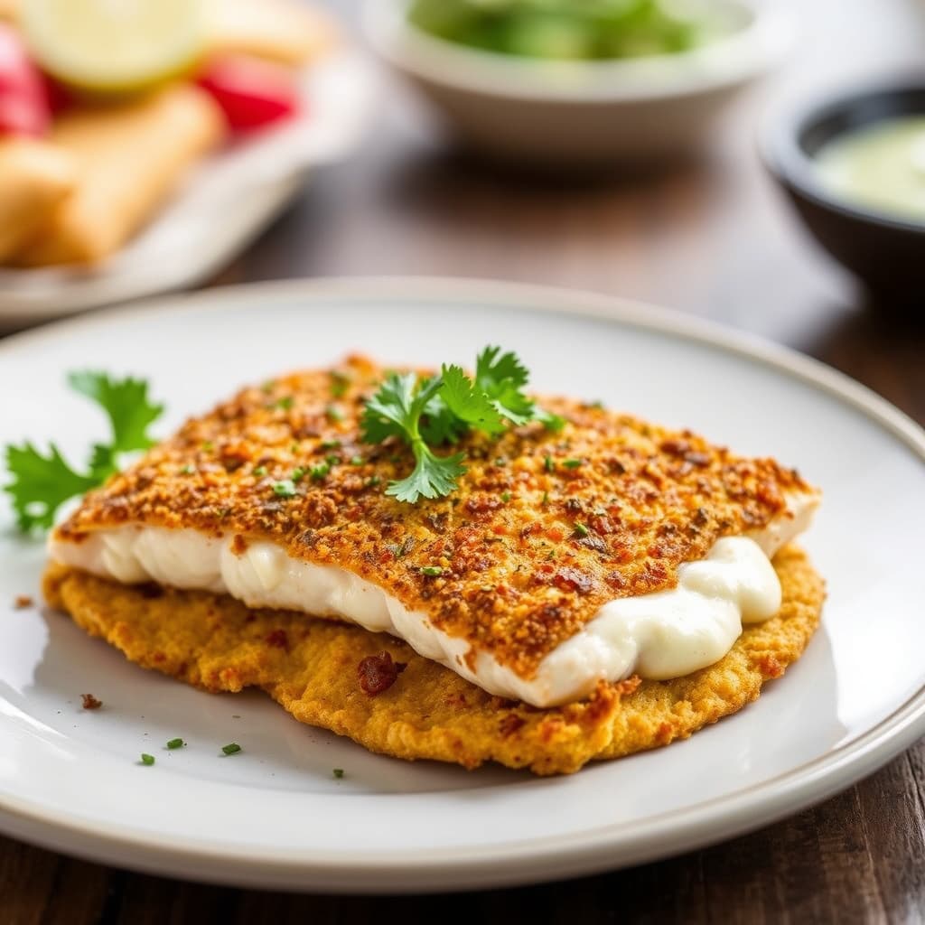 Town House® Flatbread Crisps® med crustet Mahi Mahi servert med curry-dill aioli