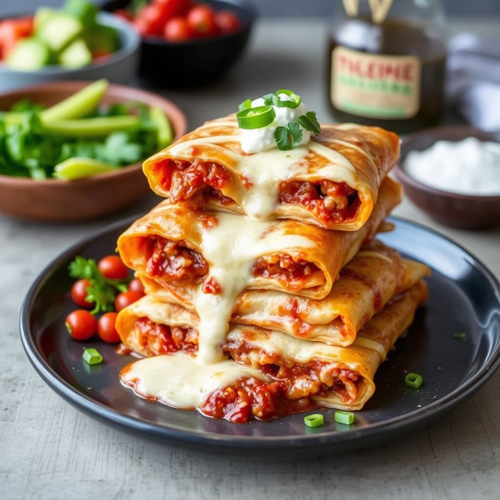 Tradisjonelle New Mexico-røde chilien og osten "stablede" enchiladas