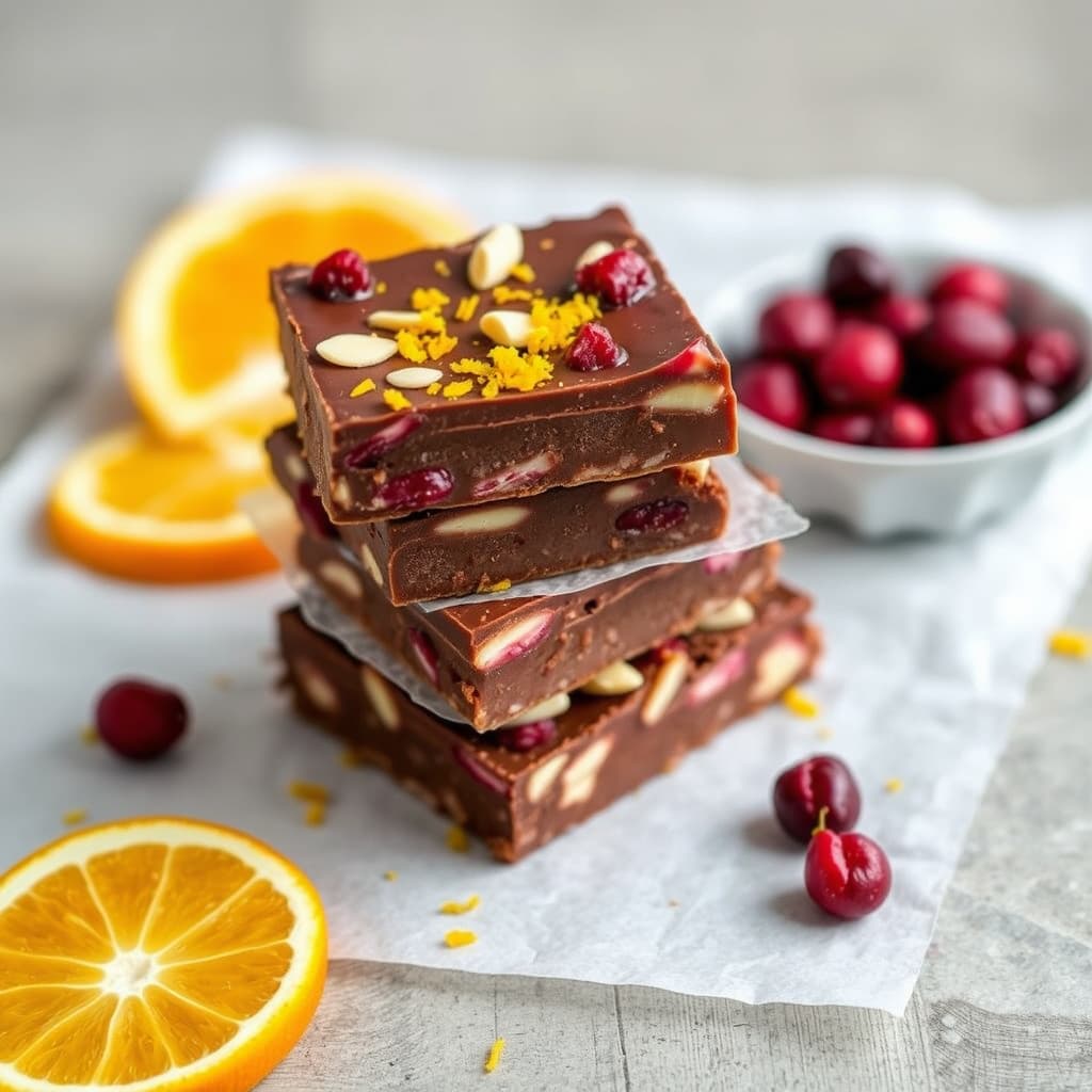Tranebær- og mandel-sjokoladebarer med mandarinskall