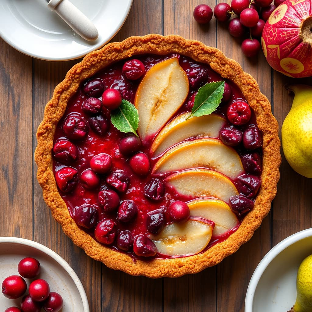 Tranebær- og pæretærte med krydderkakebunn