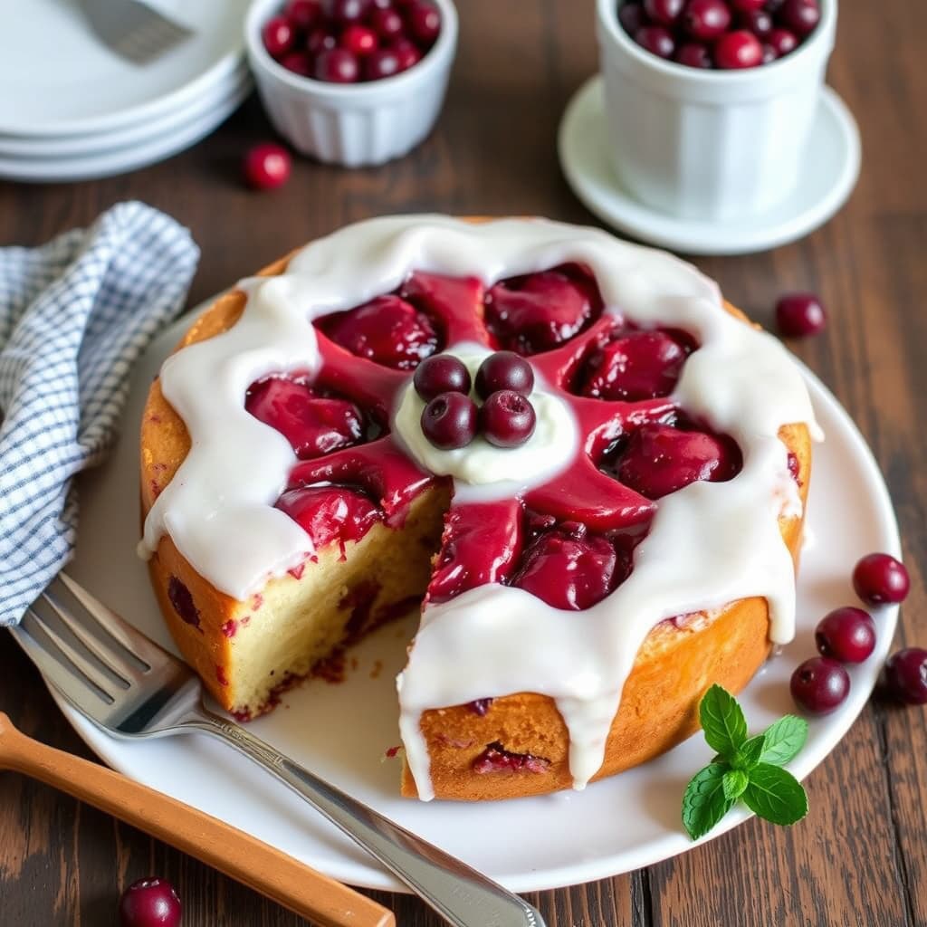 Tranebær- og rømme-kake opp-ned