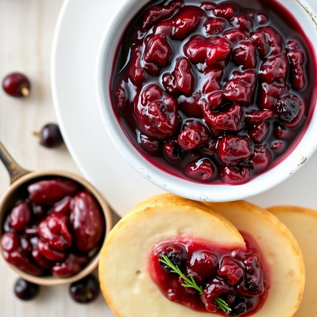 Tranebærsaus med tørkede kirsebær og rødløkjam